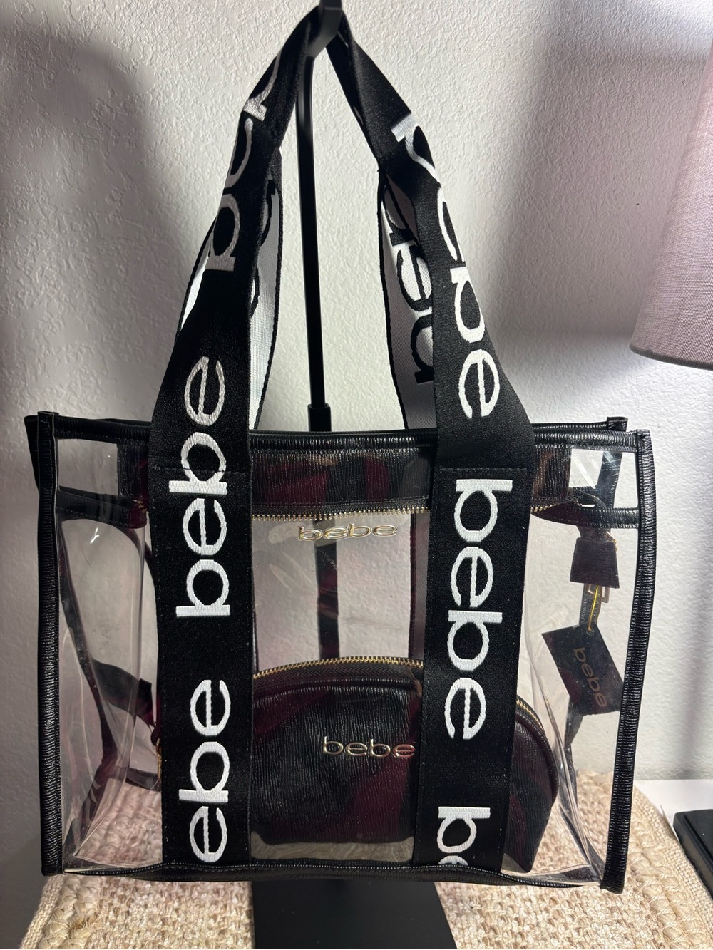 bebe Black Clear Tote with Logo Straps and small pouch bag.